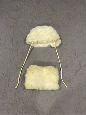 Vintage Girls Hat and Hand Muff Rabbit Fur Set Cream